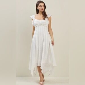 Ramy Brook White Eyelet Lace Ruffle Sleeve High Low Midi Dress Size 6
